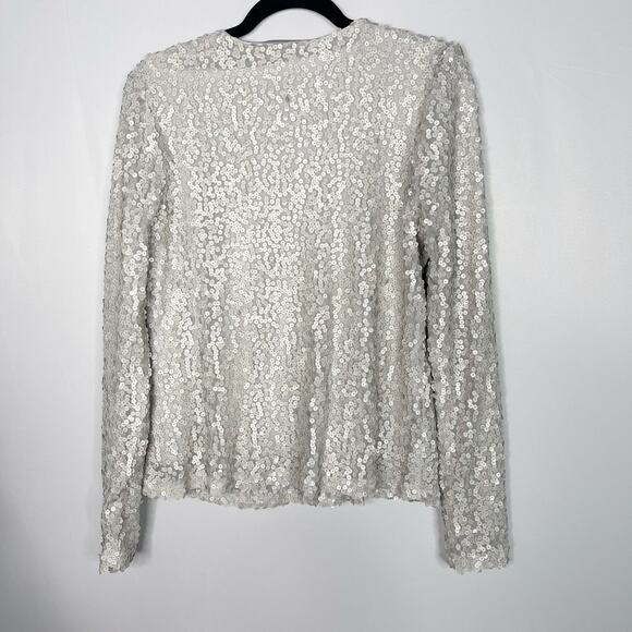 Allison Joy Medium M Light Gray Nina Matte Sequin V Neck Long Sleeve Blouse Top - Picture 2 of 11